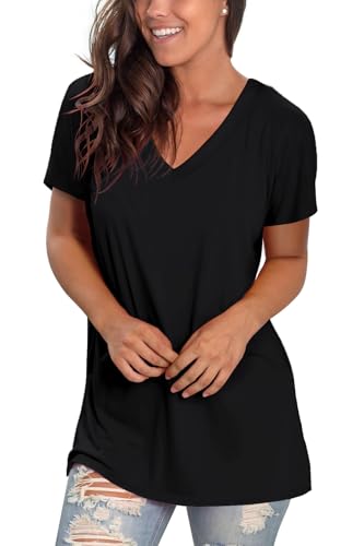 Sipaya T Shirts for Women Summer Deep V Neck Tshirts Cute Solid Color Short Sleeve Tunic Essentials Beach Vacation Clothes Black L - Image 3