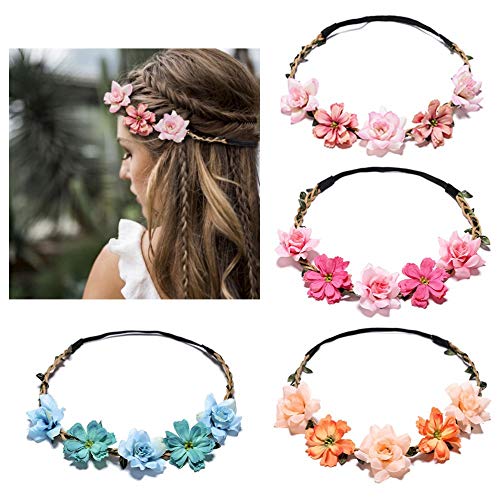 HANSAMU Flower Crown for Women Girls, Floral Headbands Elastic Ribbon Bridal Bridesmaid Fairy Headpiece for Party Wedding Beach (Pink(4 Pack), M) - Image 1