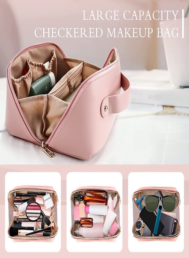 RURIBOSY Large Capacity Cosmetic Travel Bag, Women's Makeup Travel Bag Portable Leather Cosmetics Bag, Makeup Storage Bags with Handle and Divider, Opening Makeup Organizer-ALL DESIGN (BABY-PINK) - Image 3