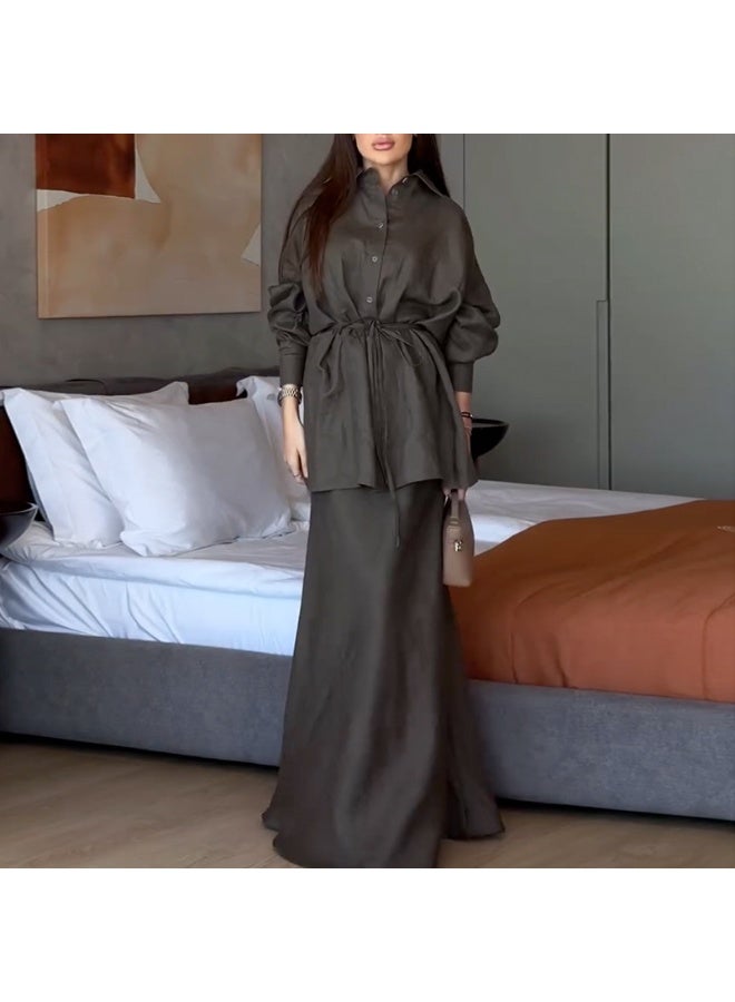 KUYING New Fashion Collar Loose Long Sleeve Shirt High Waist Skirt Set - Image 1