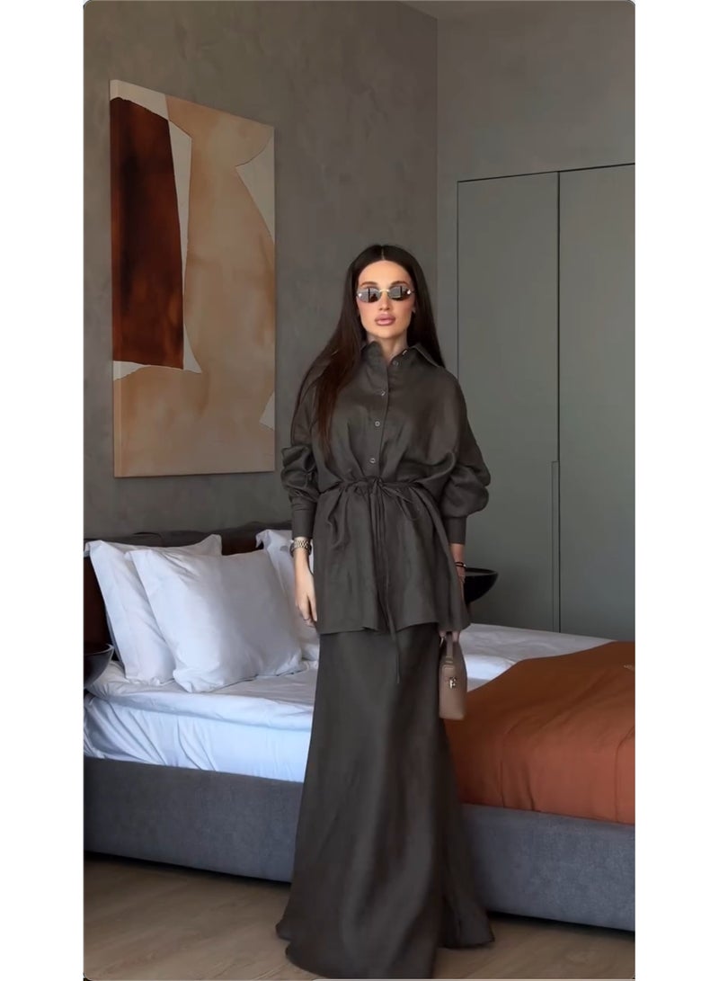 KUYING New Fashion Collar Loose Long Sleeve Shirt High Waist Skirt Set - Image 2