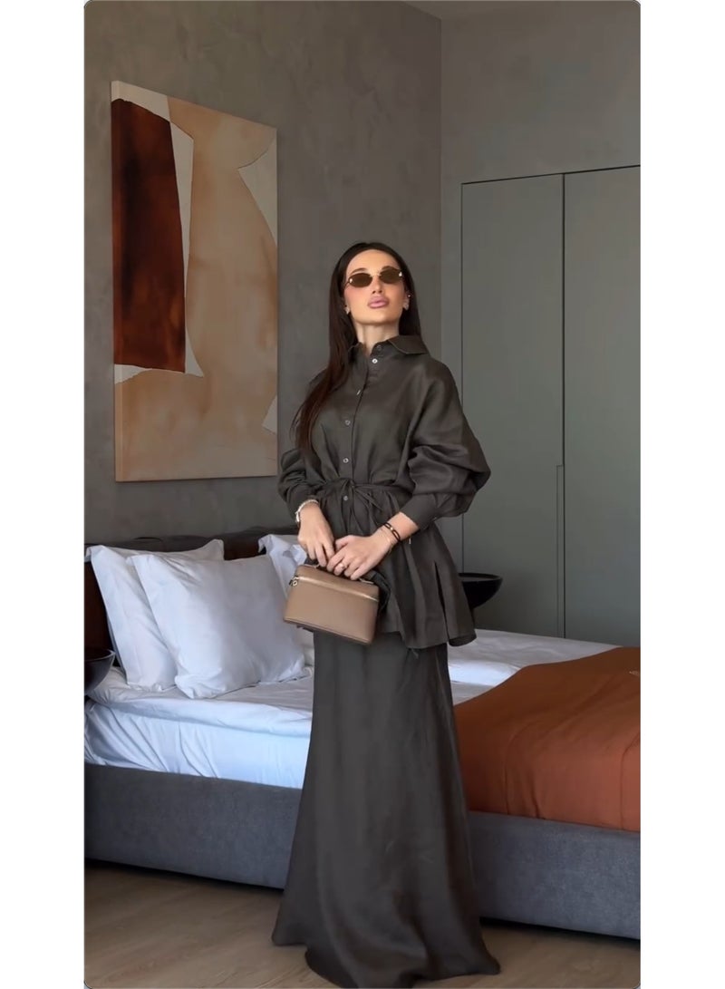 KUYING New Fashion Collar Loose Long Sleeve Shirt High Waist Skirt Set - Image 3