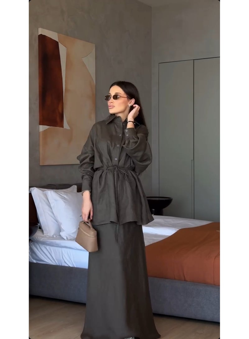 KUYING New Fashion Collar Loose Long Sleeve Shirt High Waist Skirt Set - Image 4