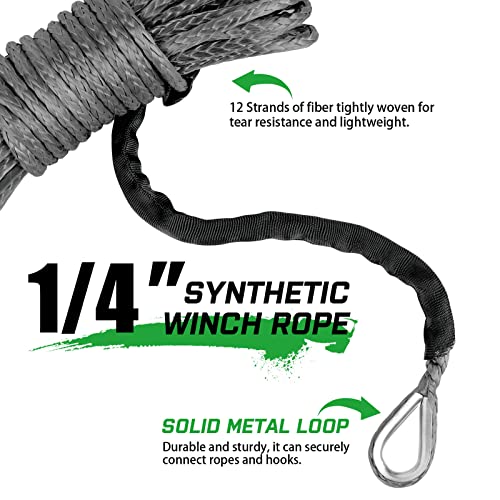 STEGODON 1/4’’ x 50ft Synthetic Winch Rope 10,000lbs Winch Line Cable with Black Protecting Sleeve for ATV UTV Boat Ramsey Synthetic Winch Rope(Gray) - Image 4