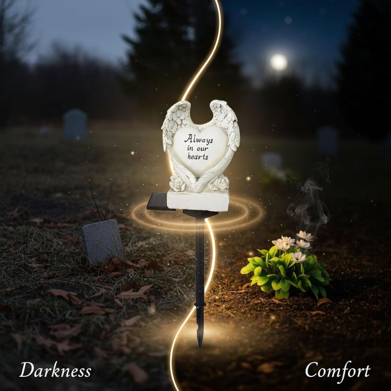 Heart-Shaped Family Memorial Statue with Wings Solar Lights, 2 Pcs 17.1 in / 43.5 cm, Waterproof Garden Stake Lights for Gravesite Decor - Image 2