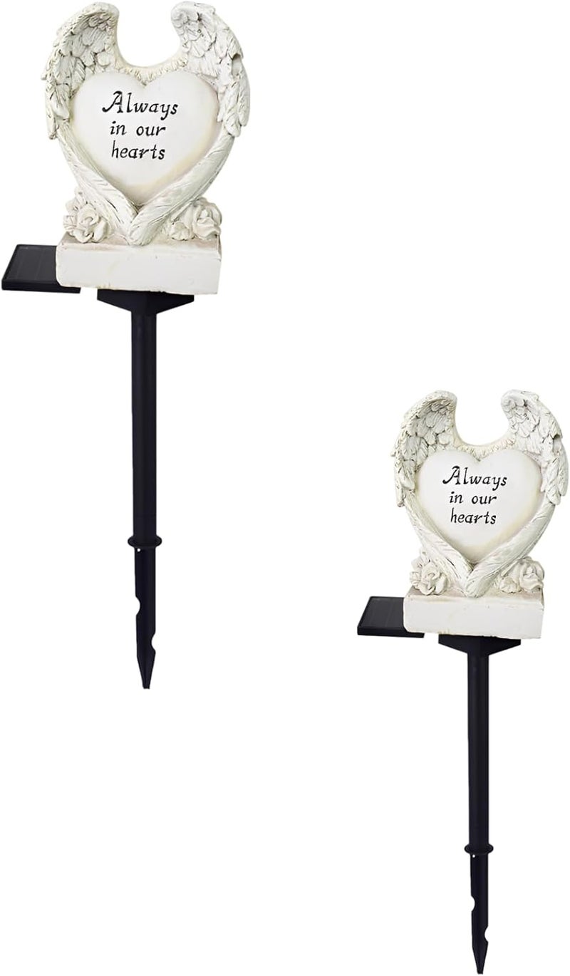 Heart-Shaped Family Memorial Statue with Wings Solar Lights, 2 Pcs 17.1 in / 43.5 cm, Waterproof Garden Stake Lights for Gravesite Decor - Image 1