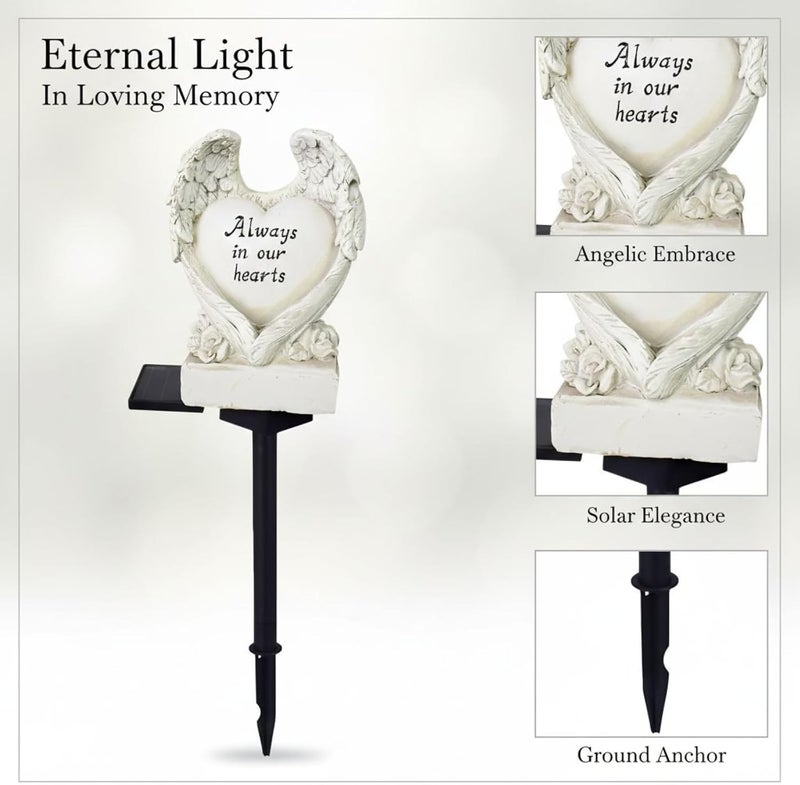 Heart-Shaped Family Memorial Statue with Wings Solar Lights, 2 Pcs 17.1 in / 43.5 cm, Waterproof Garden Stake Lights for Gravesite Decor - Image 3