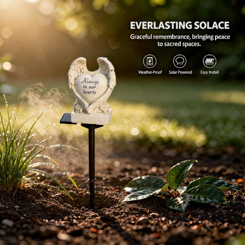 Heart-Shaped Family Memorial Statue with Wings Solar Lights, 2 Pcs 17.1 in / 43.5 cm, Waterproof Garden Stake Lights for Gravesite Decor - Image 4