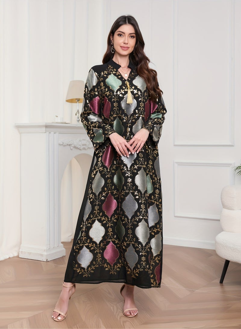 Arabic jalabiya, Arabic abaya decorated with beautiful sequins, fringes on the neckline and embroidered with wonderful decorations, suitable for any occasion  - Image 2