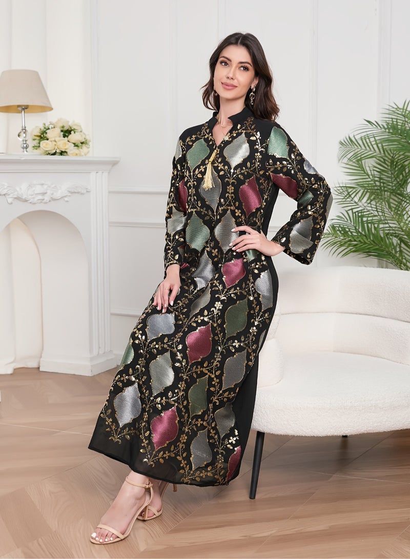 Arabic jalabiya, Arabic abaya decorated with beautiful sequins, fringes on the neckline and embroidered with wonderful decorations, suitable for any occasion  - Image 4