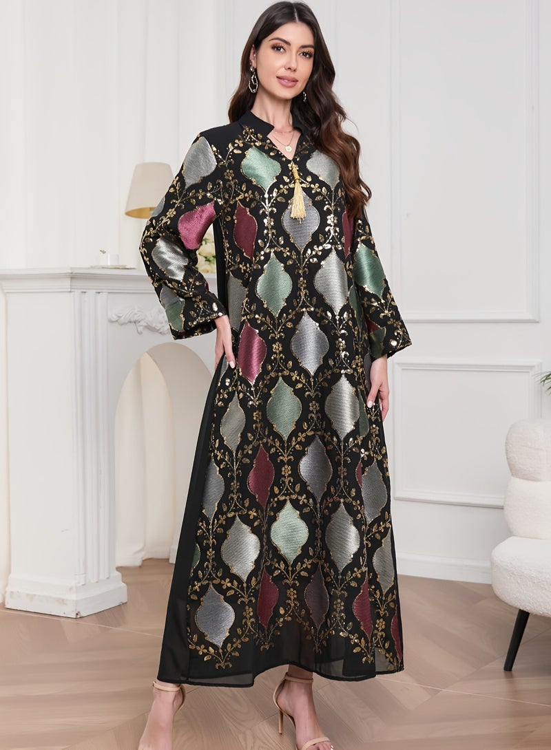 Arabic jalabiya, Arabic abaya decorated with beautiful sequins, fringes on the neckline and embroidered with wonderful decorations, suitable for any occasion  - Image 1