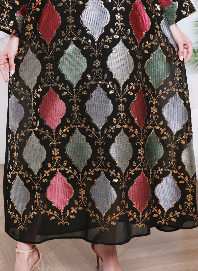 Arabic jalabiya, Arabic abaya decorated with beautiful sequins, fringes on the neckline and embroidered with wonderful decorations, suitable for any occasion  - Image 3