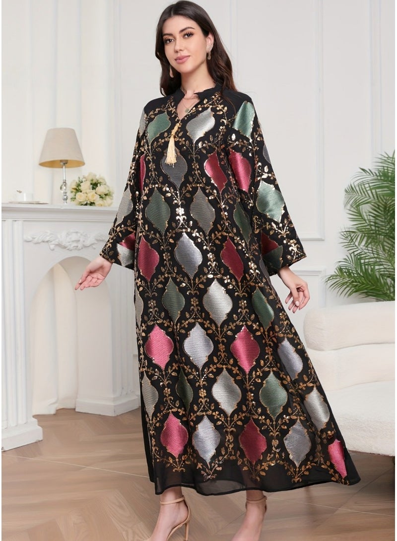 Arabic jalabiya, Arabic abaya decorated with beautiful sequins, fringes on the neckline and embroidered with wonderful decorations, suitable for any occasion  - Image 5