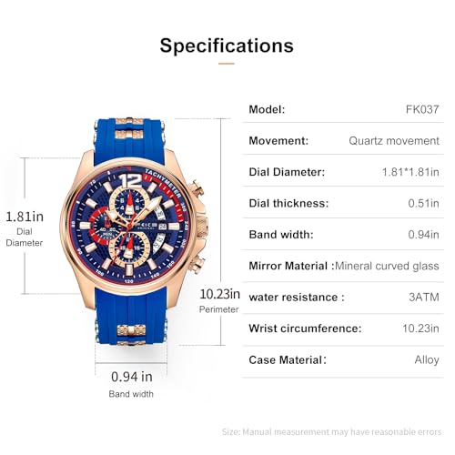 FEICE Men’s Watch Fashion Quartz Analog Waches for Men Waterproof Chronograph Minimalist Sport Wristwatch Silicone Strap Silicone Strap FK037 Blue - Image 3
