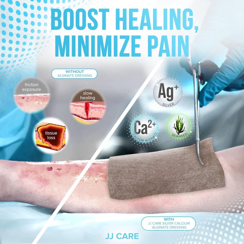 JJ CARE عبوة من 10 ضمادات جروح من ألجينات الكالسيوم الفضي من JJ CARE بحجم 4x5 ضمادات جروح ألجينات فضية معبأة بشكل فردي ضمادات عالية الامتصاص وغير لاصقة للعناية بالجروح - Image 2
