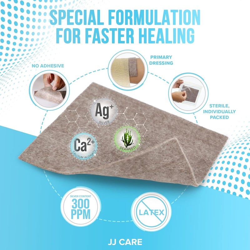 JJ CARE عبوة من 10 ضمادات جروح من ألجينات الكالسيوم الفضي من JJ CARE بحجم 4x5 ضمادات جروح ألجينات فضية معبأة بشكل فردي ضمادات عالية الامتصاص وغير لاصقة للعناية بالجروح - Image 4