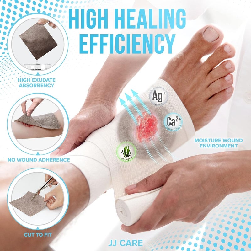 JJ CARE عبوة من 10 ضمادات جروح من ألجينات الكالسيوم الفضي من JJ CARE بحجم 4x5 ضمادات جروح ألجينات فضية معبأة بشكل فردي ضمادات عالية الامتصاص وغير لاصقة للعناية بالجروح - Image 5