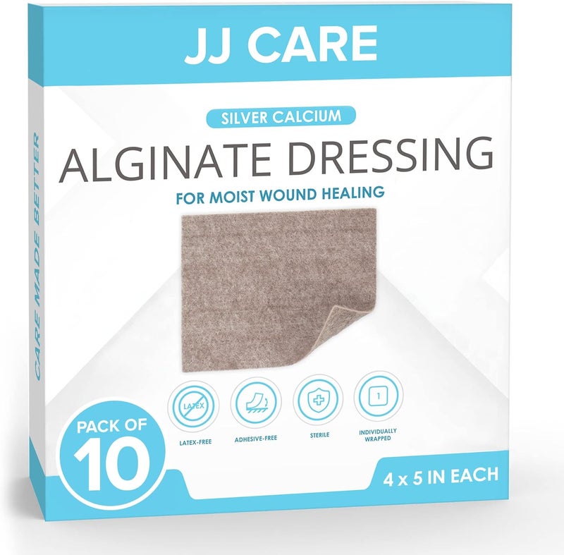 JJ CARE عبوة من 10 ضمادات جروح من ألجينات الكالسيوم الفضي من JJ CARE بحجم 4x5 ضمادات جروح ألجينات فضية معبأة بشكل فردي ضمادات عالية الامتصاص وغير لاصقة للعناية بالجروح - Image 1