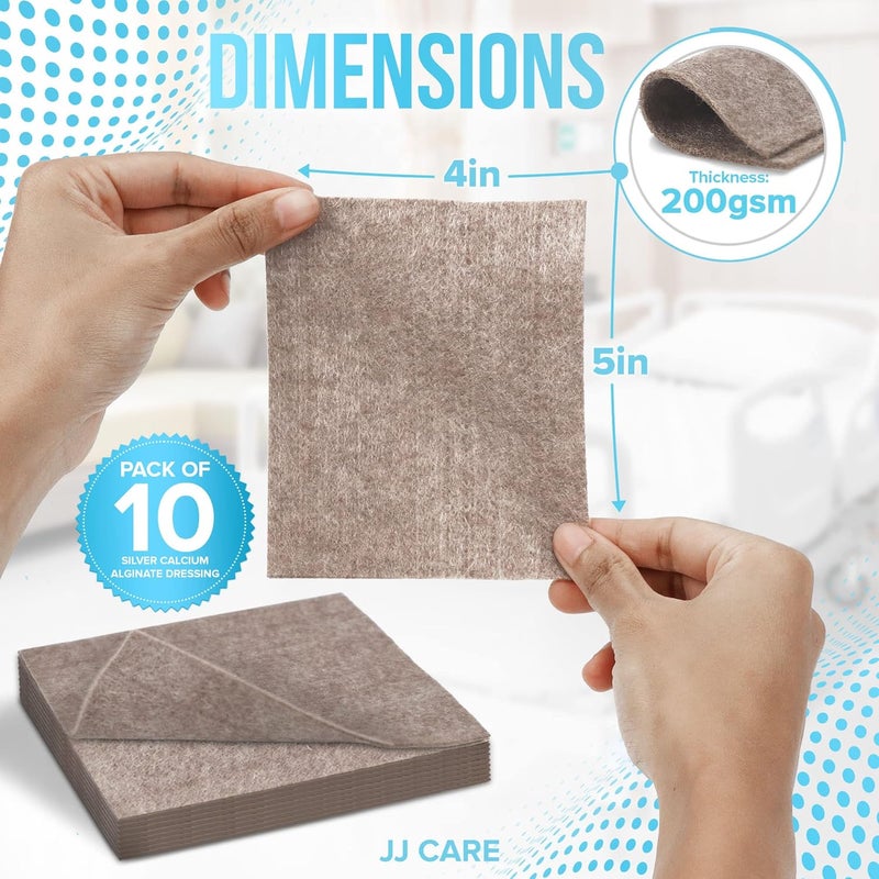 JJ CARE عبوة من 10 ضمادات جروح من ألجينات الكالسيوم الفضي من JJ CARE بحجم 4x5 ضمادات جروح ألجينات فضية معبأة بشكل فردي ضمادات عالية الامتصاص وغير لاصقة للعناية بالجروح - Image 3