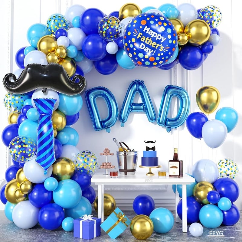 Father's Day Balloon Arch, Royal Blue Light Blue Metallic Gold Balloon Garland Kit with Large Beard Tie Foil Balloons, Father Dad Letter Balloons for Best Dad's Day Party Decorations - Image 1