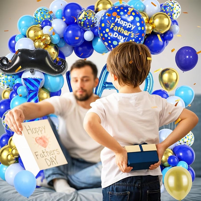 Father's Day Balloon Arch, Royal Blue Light Blue Metallic Gold Balloon Garland Kit with Large Beard Tie Foil Balloons, Father Dad Letter Balloons for Best Dad's Day Party Decorations - Image 3