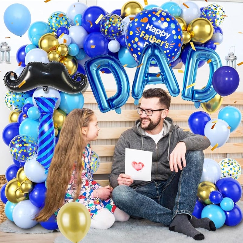 Father's Day Balloon Arch, Royal Blue Light Blue Metallic Gold Balloon Garland Kit with Large Beard Tie Foil Balloons, Father Dad Letter Balloons for Best Dad's Day Party Decorations - Image 4