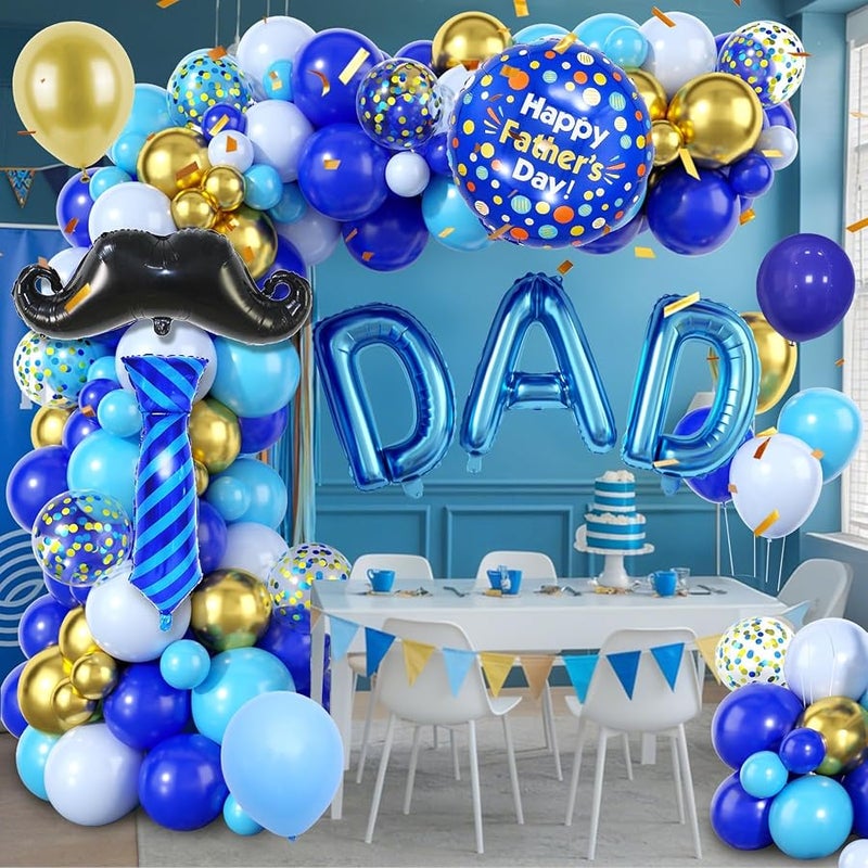 Father's Day Balloon Arch, Royal Blue Light Blue Metallic Gold Balloon Garland Kit with Large Beard Tie Foil Balloons, Father Dad Letter Balloons for Best Dad's Day Party Decorations - Image 5