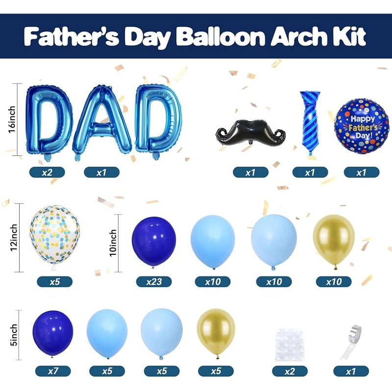 Father's Day Balloon Arch, Royal Blue Light Blue Metallic Gold Balloon Garland Kit with Large Beard Tie Foil Balloons, Father Dad Letter Balloons for Best Dad's Day Party Decorations - Image 2