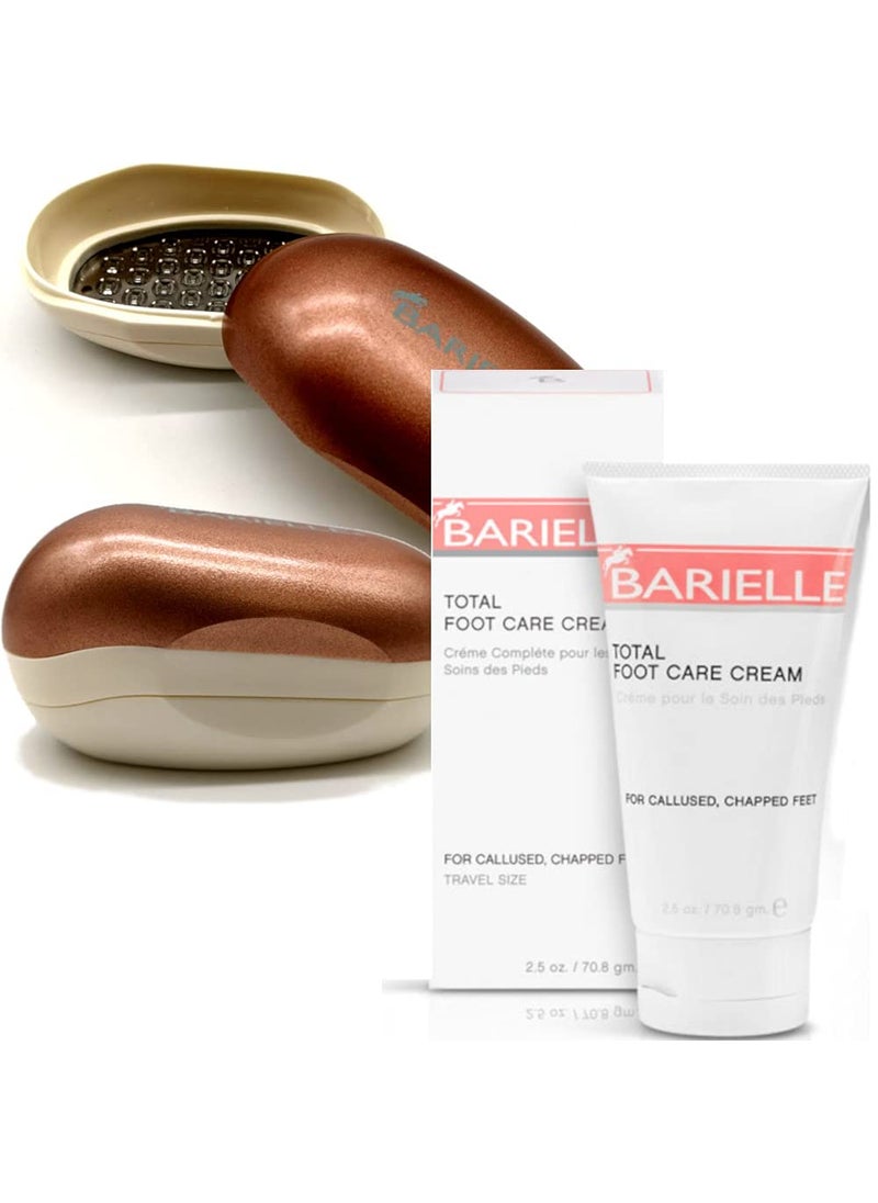 BARIELLE - BARIELLE Portable Oval Gold  White Clamshell Foot FileFoot Rasp with 25oz Total Care Foot Cream 2PC Foot Care Set - Image 1