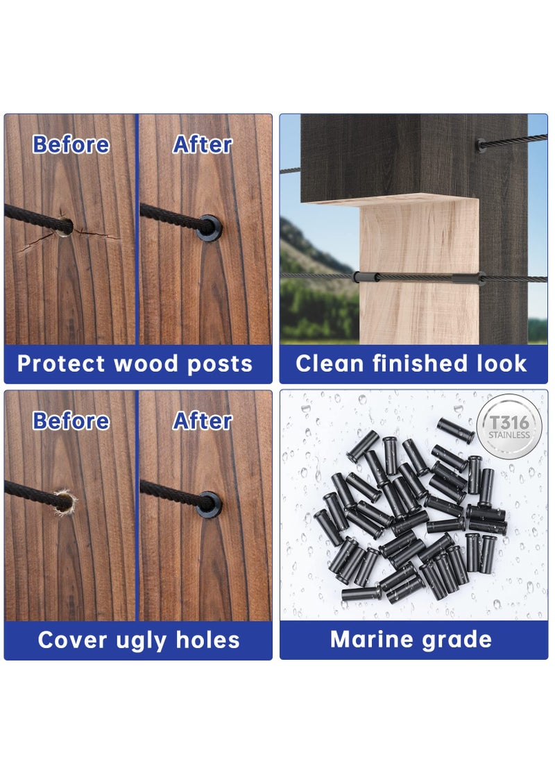 SYOSI 20Pack Stainless Steel Protective Sleeves Cable Railing Kit with Drill Bit for Wood Posts Handrail Stair Protector Sleeve for 1/8" Wire Rope Cable T316 Marine Grade Deck Railing (Black) - Image 3
