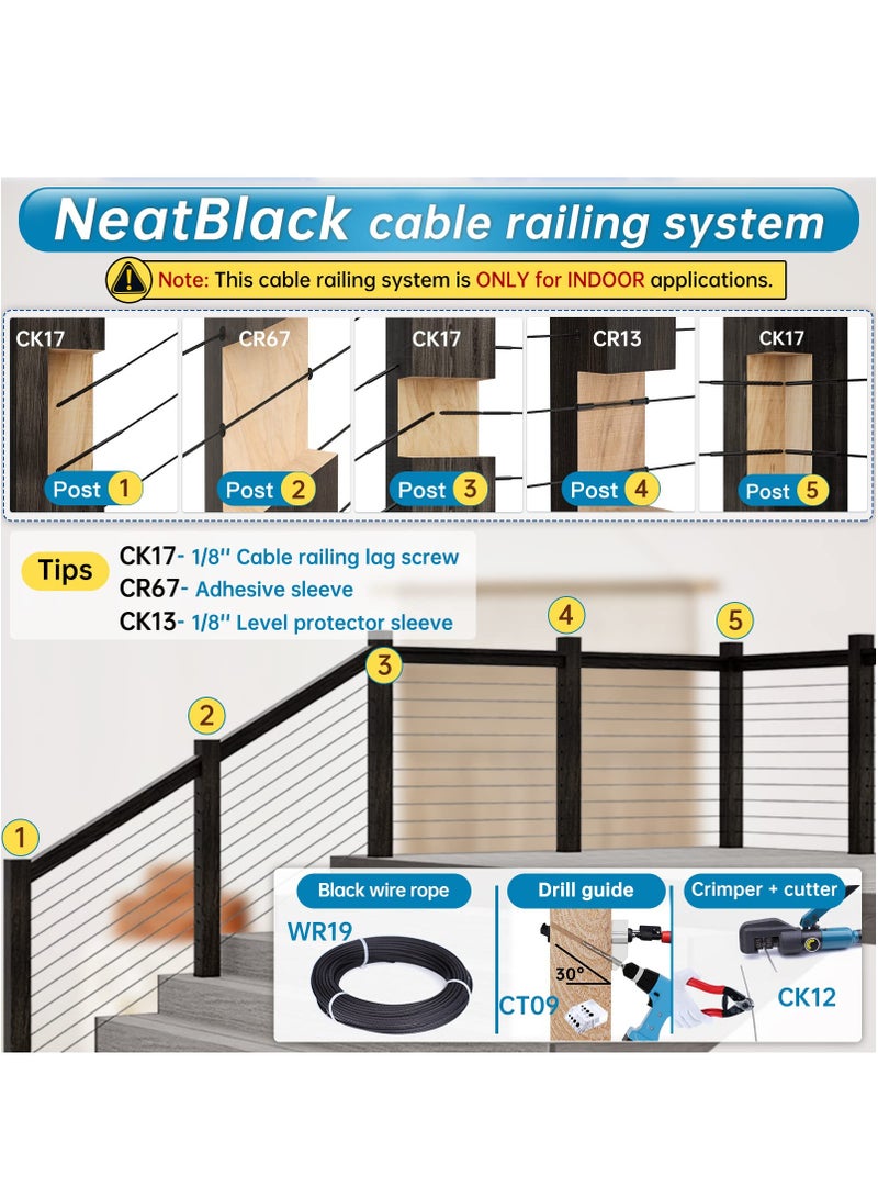 SYOSI 20Pack Stainless Steel Protective Sleeves Cable Railing Kit with Drill Bit for Wood Posts Handrail Stair Protector Sleeve for 1/8" Wire Rope Cable T316 Marine Grade Deck Railing (Black) - Image 4