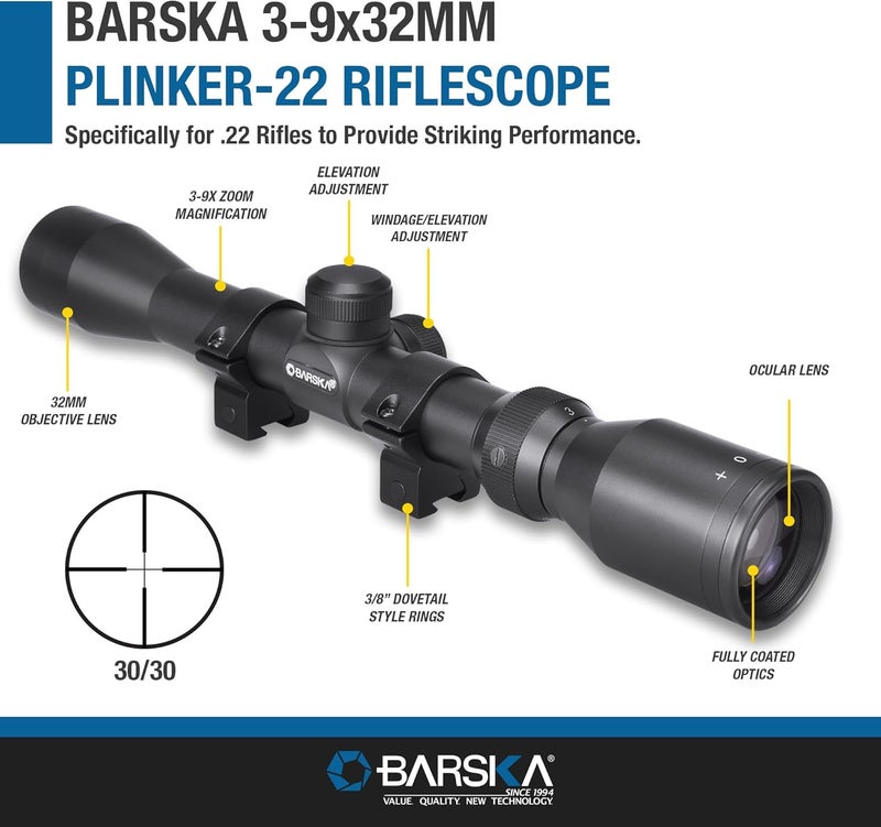 BARSKA 30/30 Crosshair Reticle Rifle Scope for .22 Plinking & Rimfire Rifles - Optimal Precision with Rings for Shooting, Hunting, Target Practice - Image 3