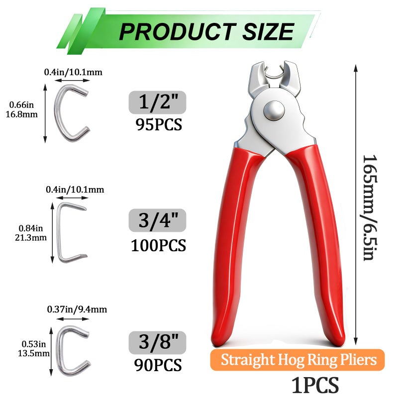 Ruibapa 285 pcs Hog Rings with Straight Hog Ring Pliers Kit 3/4" 1/2" 3/8 "Galvanized Hog Rings for Animal Pet Cagesã€Ropesã€Baggingã€DIY Craftã€Furniture - Image 2