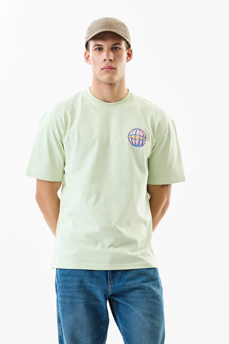 سنيتش Light Green Graphic Half Sleeve Slim Fit T-Shirt