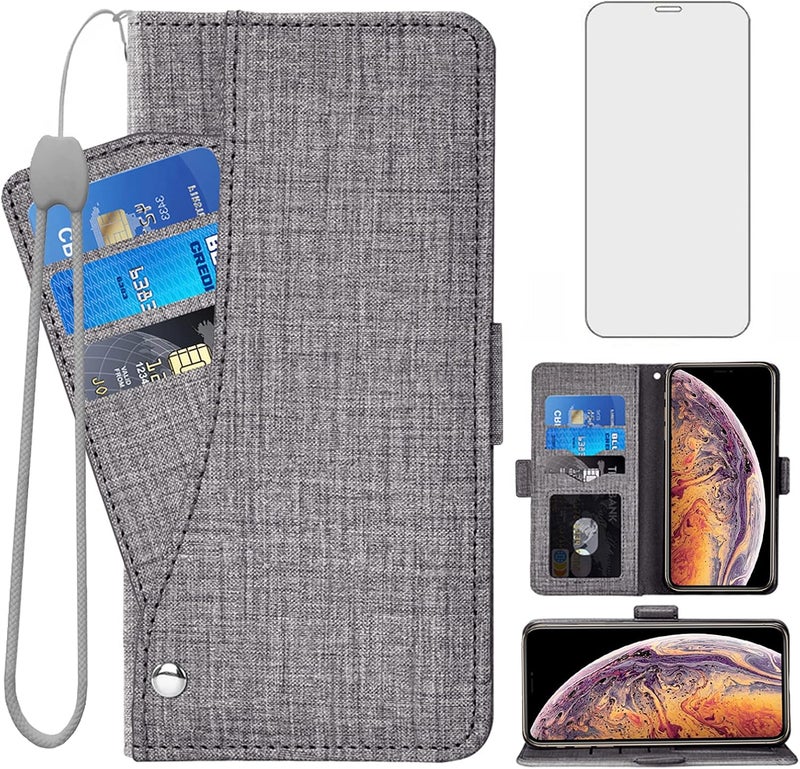 Asuwish Compatible with iPhone Xs X 10 10s Wallet Case Tempered Glass Screen Protector and Flip Cover Card Holder Cell Phone Cases for iPhoneX iPhoneXs iPhone10 i PhoneX SX 10x 10xs X’s Women Men Gray - Image 1