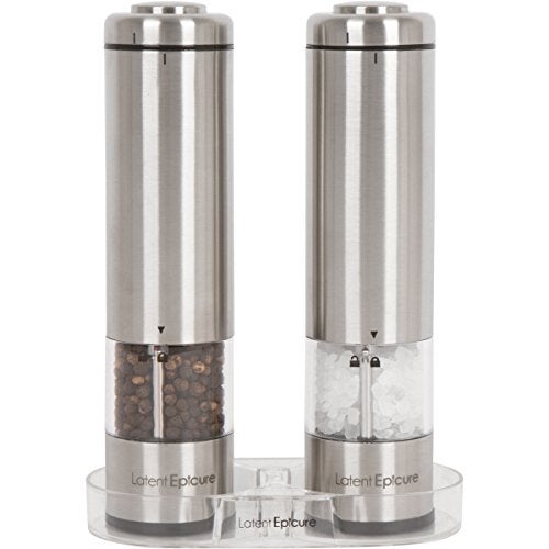 Latent Epicure Electric Salt & Pepper Grinder Set – Battery Operated Stainless-Steel Mills & Shakers with Light, Adjustable Ceramic Grinders & Acrylic Rest Tray - Image 1