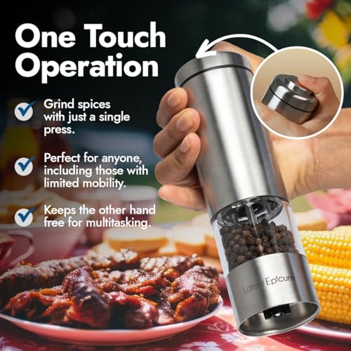 Latent Epicure Electric Salt & Pepper Grinder Set – Battery Operated Stainless-Steel Mills & Shakers with Light, Adjustable Ceramic Grinders & Acrylic Rest Tray - Image 2