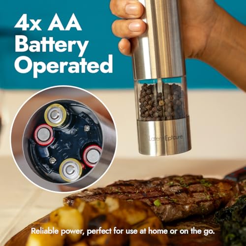 Latent Epicure Electric Salt & Pepper Grinder Set – Battery Operated Stainless-Steel Mills & Shakers with Light, Adjustable Ceramic Grinders & Acrylic Rest Tray - Image 4