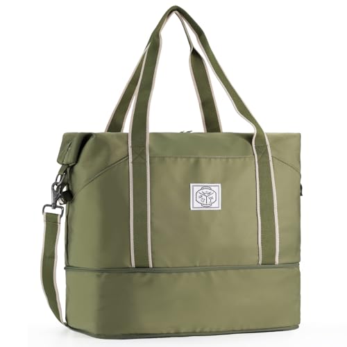 WALNEW Travel Duffel Bag, Weekender Overnight Carry On Bag for Women Men, Foldable Waterproof Gym Luggage Duffle Bag with Metal Buckle Detachable Shoulder Strap and Wet Compartment (Army Green) - Image 1
