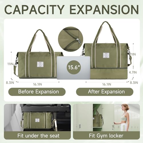 WALNEW Travel Duffel Bag, Weekender Overnight Carry On Bag for Women Men, Foldable Waterproof Gym Luggage Duffle Bag with Metal Buckle Detachable Shoulder Strap and Wet Compartment (Army Green) - Image 2