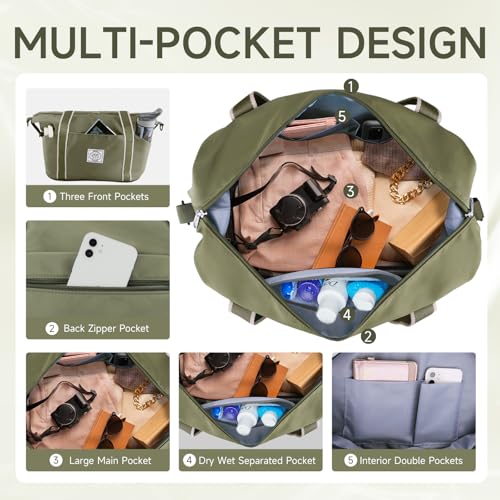 WALNEW Travel Duffel Bag, Weekender Overnight Carry On Bag for Women Men, Foldable Waterproof Gym Luggage Duffle Bag with Metal Buckle Detachable Shoulder Strap and Wet Compartment (Army Green) - Image 5