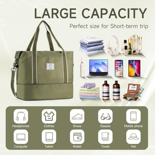 WALNEW Travel Duffel Bag, Weekender Overnight Carry On Bag for Women Men, Foldable Waterproof Gym Luggage Duffle Bag with Metal Buckle Detachable Shoulder Strap and Wet Compartment (Army Green) - Image 3