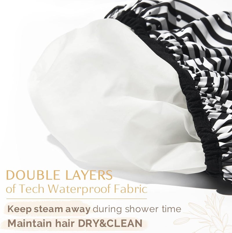 Excefore Globally trusted quality Luxury Shower Cap for Women, Double Layer Waterproof and Reusable Bath Bonnet, Washable Hair Protection Hat with Soft Non-Slip Elastic Band (Black Stripe) Good ventilation - Image 5