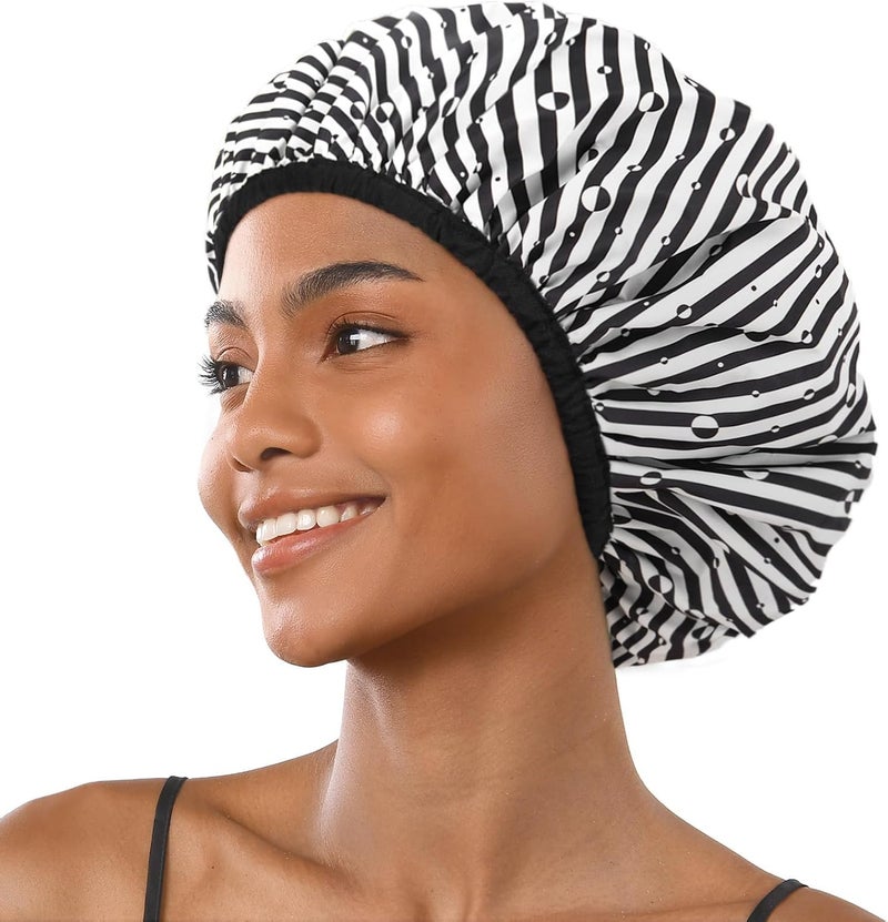 Excefore Globally trusted quality Luxury Shower Cap for Women, Double Layer Waterproof and Reusable Bath Bonnet, Washable Hair Protection Hat with Soft Non-Slip Elastic Band (Black Stripe) Good ventilation - Image 1