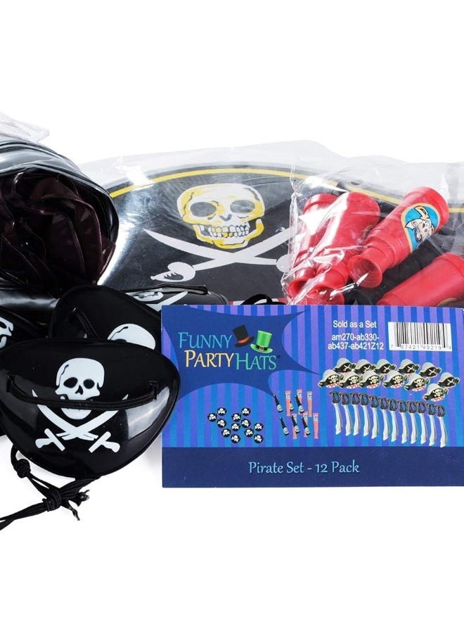Funny Party Hats - Funny Pirate Party Hats 48 PC Set â€“ Pirate Birthday Party â€“ Pirate Party Favors for Kids - 12 Pirate Hats, 12 Patches, 12 Swords, 12 Telescopes - Image 1