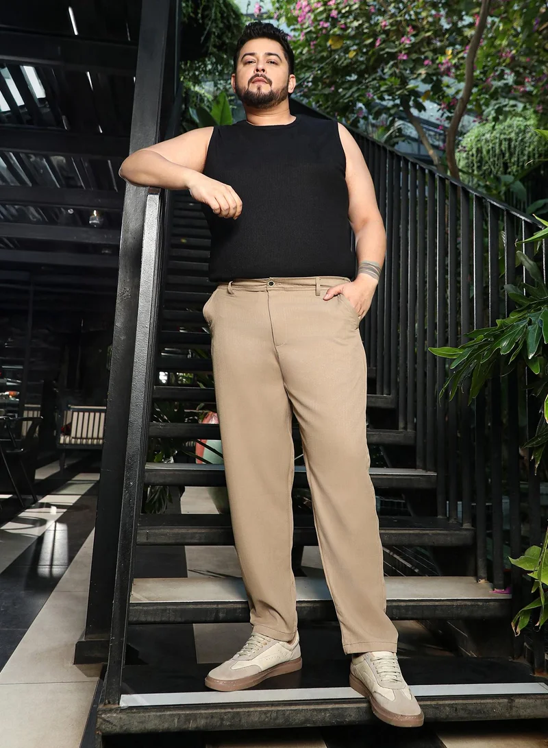 Instafab Plus  Men Tailored-ChinoTrousers | Mid-Rise, Drawstring-Waist Waist | Button Closure, Straight Hem | Solid Plain | Woven Fabric For Plus Size Office & Casual Wear | Sand Beige for Men | Best Price UAE