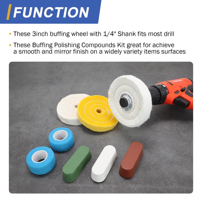 SCOTTCHEN 3inch Buffing Polishing Wheel with 1/4" Shank for Drill, 3/8" Arbor Hole,Soft/Fine/Medium -3pcs,with Buffing Polishing Cutting Compounds 7.4 Oz.Kit,with 2 Pack Non-Woven Bandage - Image 5