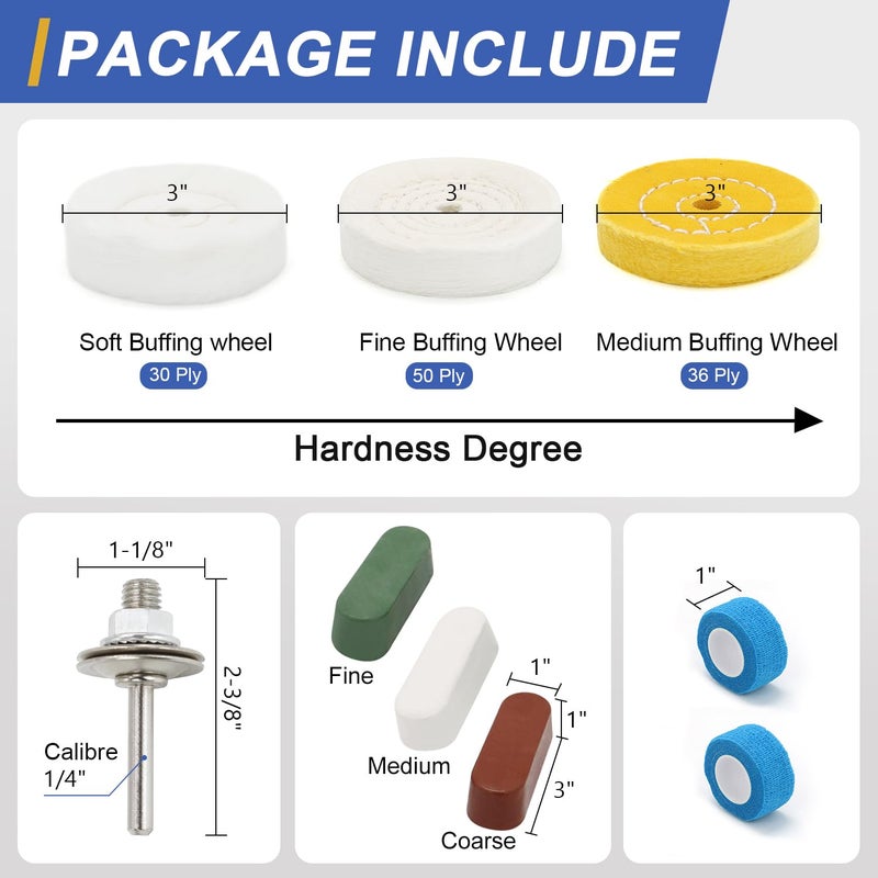 SCOTTCHEN 3inch Buffing Polishing Wheel with 1/4" Shank for Drill, 3/8" Arbor Hole,Soft/Fine/Medium -3pcs,with Buffing Polishing Cutting Compounds 7.4 Oz.Kit,with 2 Pack Non-Woven Bandage - Image 2