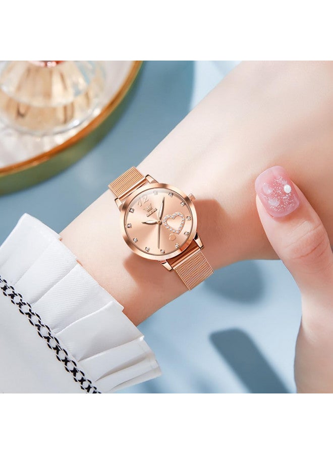OLEVS ساعة أوليفس ذهبية وردية للنساء بحزام شبكي موضة فستان قلوب كواتز ياباني مقاومة للماء لامعة مجموعات ساعات السيدات وردي - Image 2
