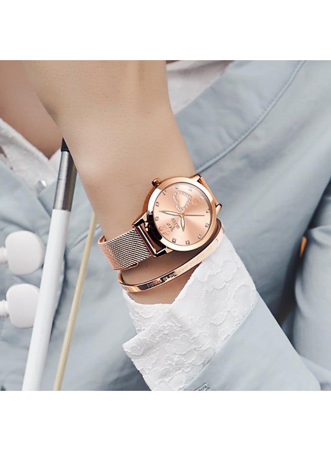 OLEVS ساعة أوليفس ذهبية وردية للنساء بحزام شبكي موضة فستان قلوب كواتز ياباني مقاومة للماء لامعة مجموعات ساعات السيدات وردي - Image 3